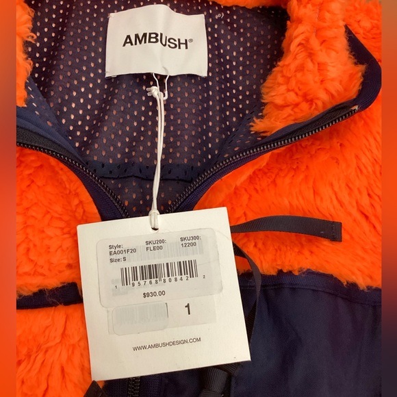 NWT AMBUSH logo-print fleece Sherpa jacket in Orange & Navy Size S - Picture 14 of 16